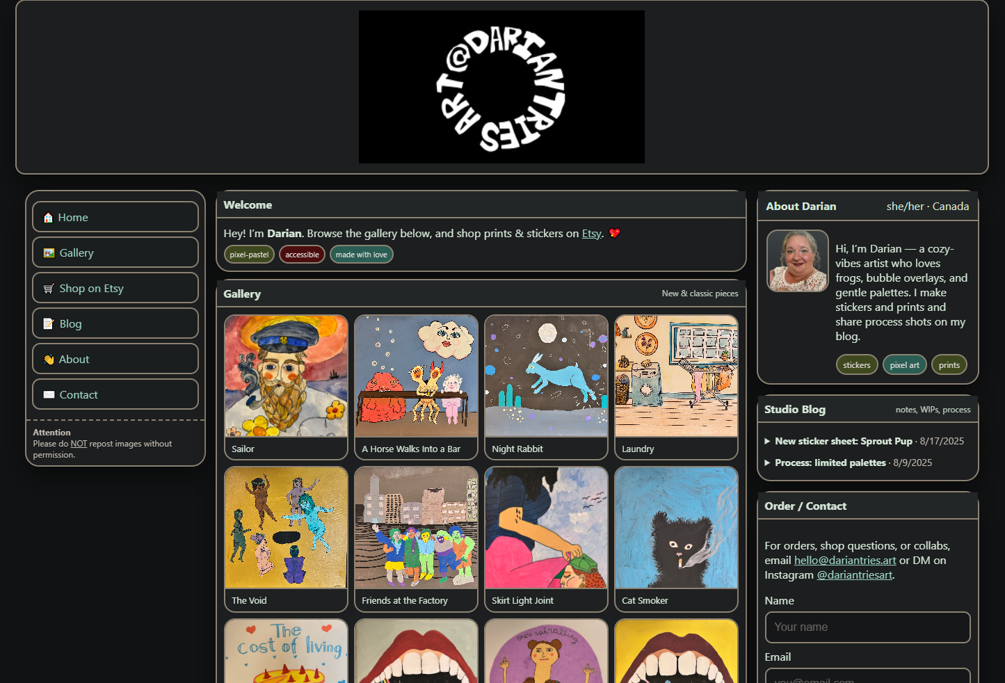 Darian Tries Art website homepage screenshot