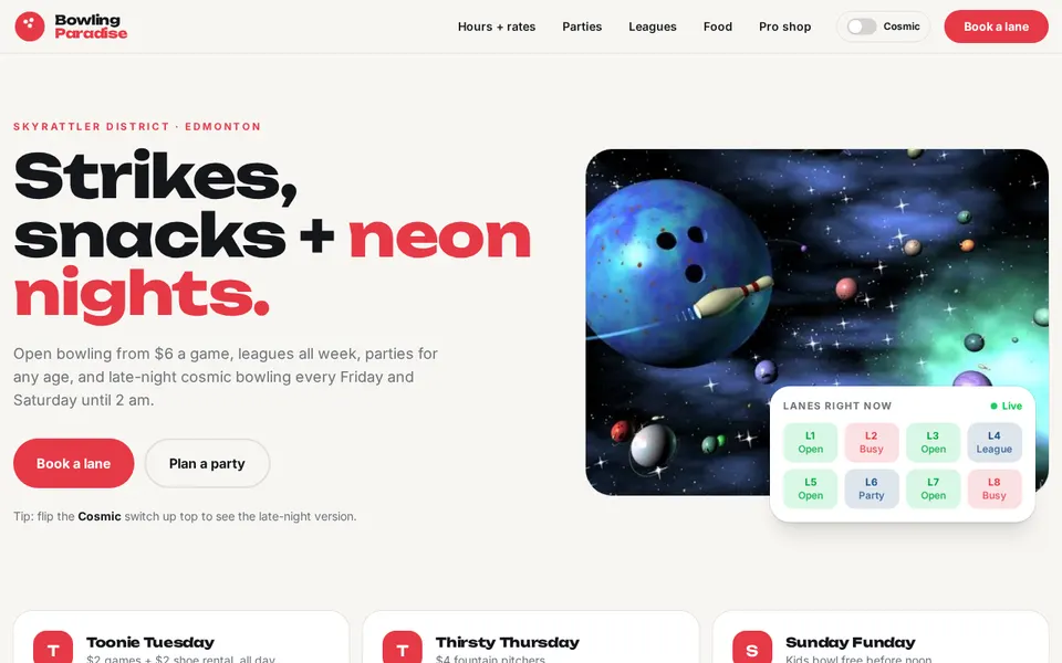 Screenshot of the Bowling Paradise website
