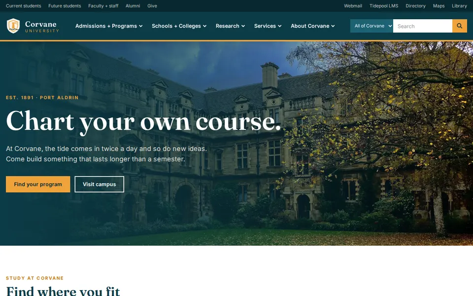 Screenshot of the Corvane University website