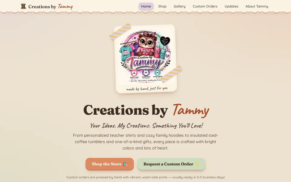 Screenshot of the Creations by Tammy website