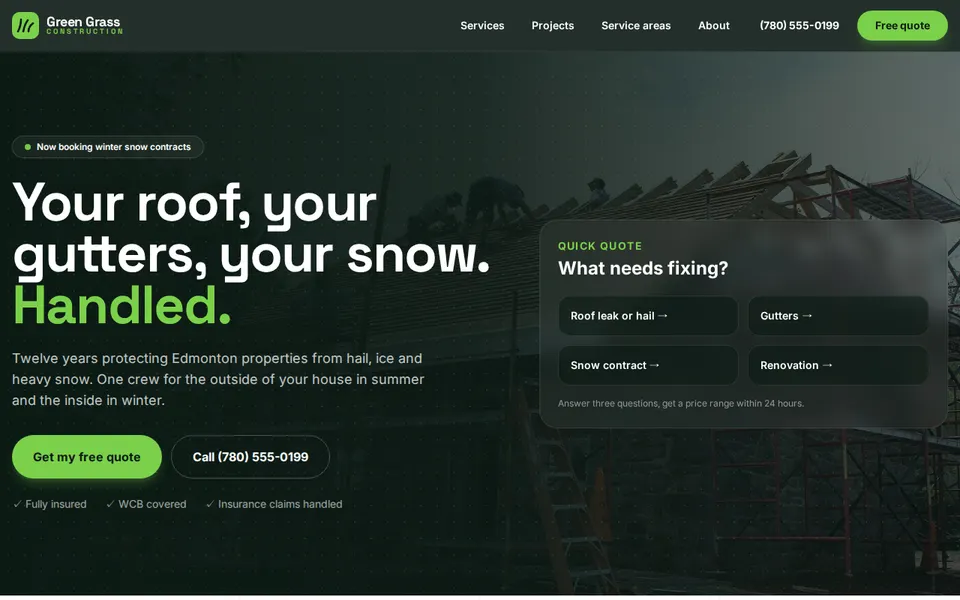 Screenshot of the Green Grass Construction website
