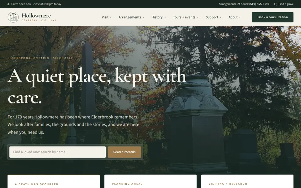 Screenshot of the Hollowmere Cemetery website