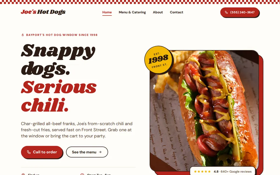Screenshot of the Joe's Hot Dogs website