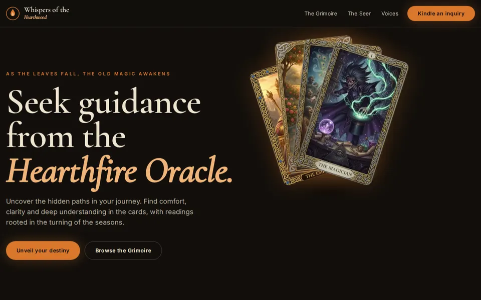Screenshot of the Whispers of the Hearthwood website